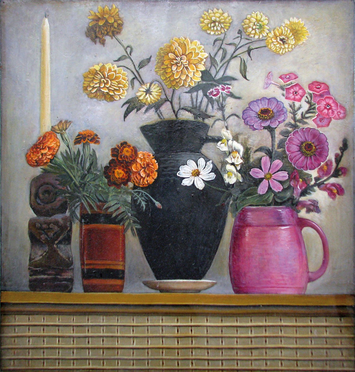Flori și sfeșnic.1975-76.Acril-hârt,lac.50x47_1