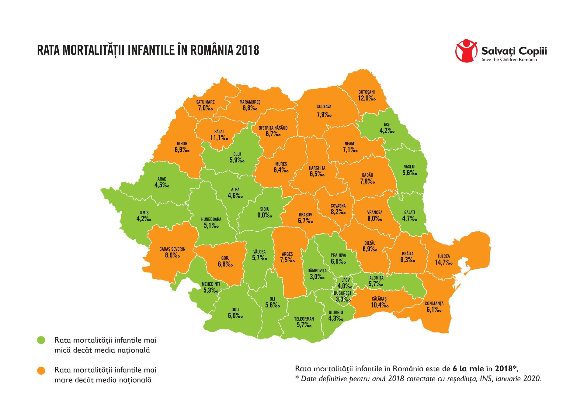 Harta mortalitatii infantile in Romania