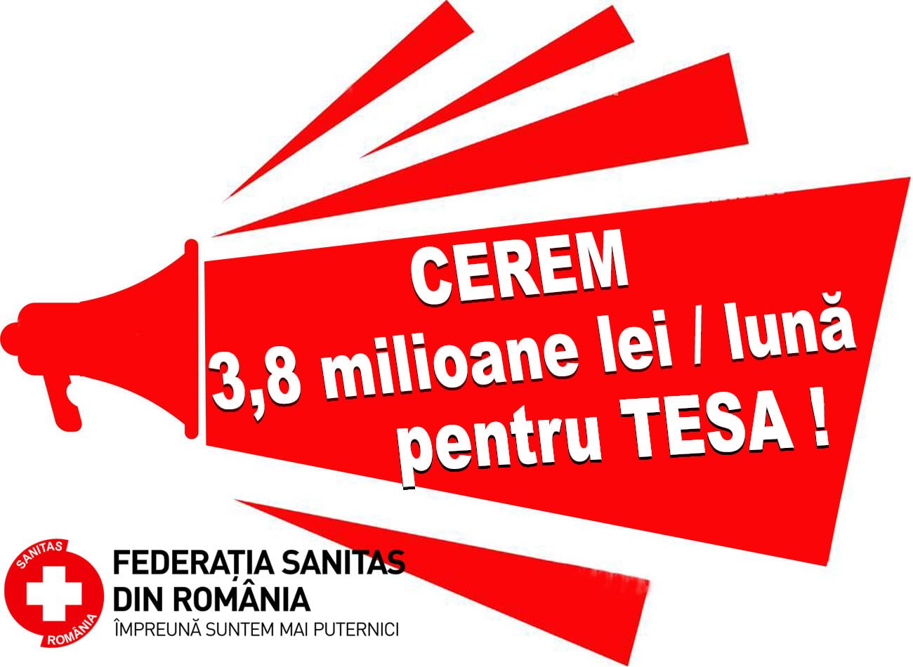 Federația Sanitas: Cerem 3,8 milioane de lei pe lună pentru TESA