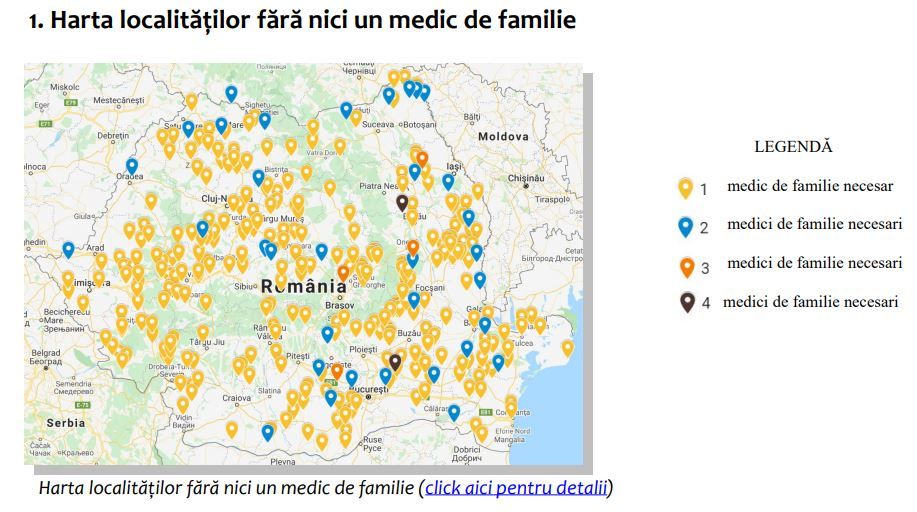 Harta deficitului de medici de familie: peste jumătate de milion de români nu au medic de familie în localitate