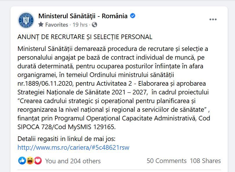postare ministerul sanatatii recrutare 6 ianuarie 2021